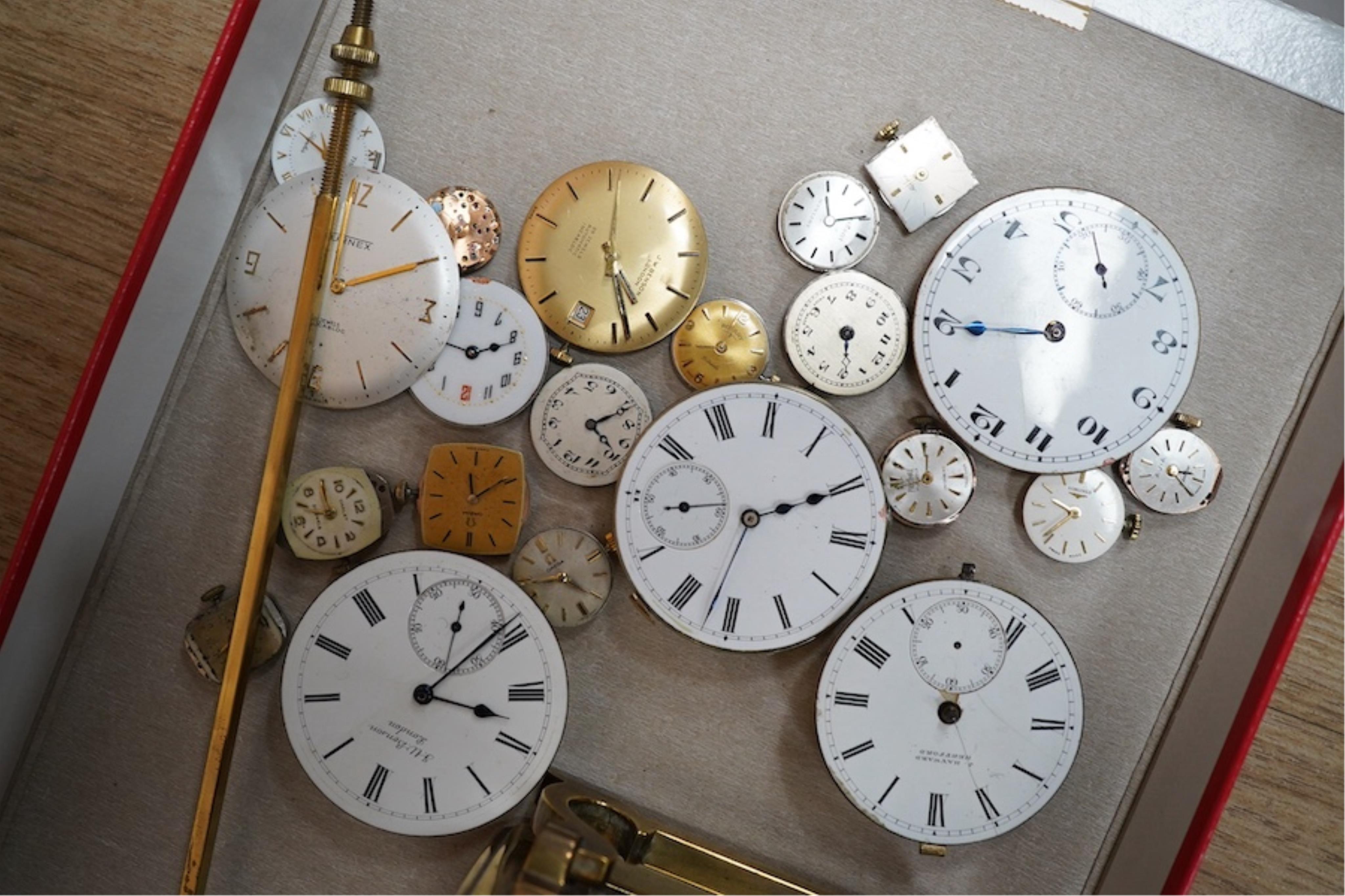 A brass cased carriage clock and assorted pocket watch movements, etc. Condition - varies